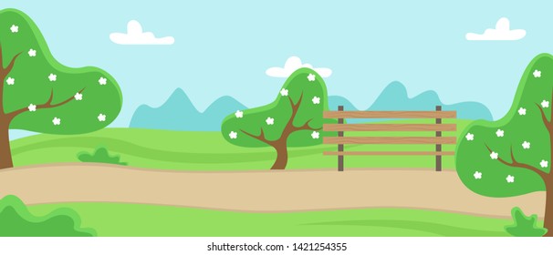 Park with trees, treadmill and bench. Nature in the metropolis. Spring landscape.