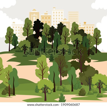 park with a lot trees and yellow buldings vector illustration design