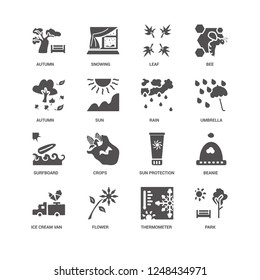 Park, Umbrella, Rain, Ice cream van, Beanie, Autumn, Surfboard, Thermometer, Flower, Leaf icon 16 set EPS 10 vector format. Icons optimized for both large and small resolutions.