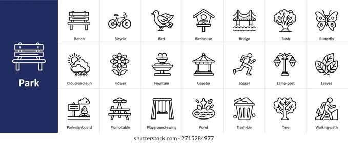 Park vector icon set with outdoor recreation, nature, and public garden concepts