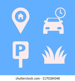 park vector icons set. with parking sign, grass, house location and parking time in set