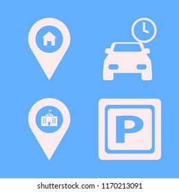 park vector icons set. with parking sign, university location, parking time and house location in set
