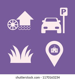 park vector icons set. with university location, water mill, parked car and grass in set