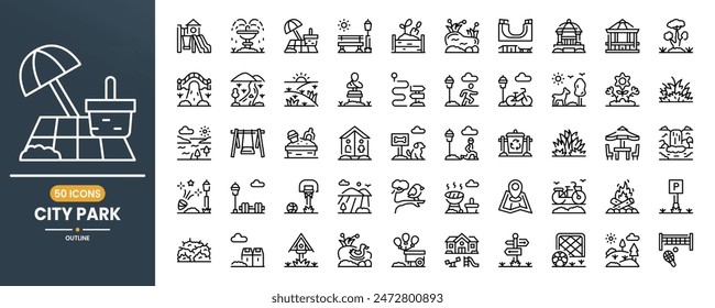 Park vector line icon set. Containing Picnic, Bench, Bicycle, Recreation, Outdoor, Exercise, Travel, Fitness, Nature. Can use for web, infographic, social media, apps, presentation. Editable stroke.