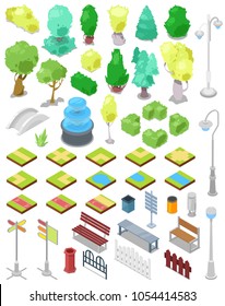 Park vector parkland with green garden trees with street lights or lamps and fountain in city illustration set of isometric parkway with benches and bins in cityscape isolated on white background