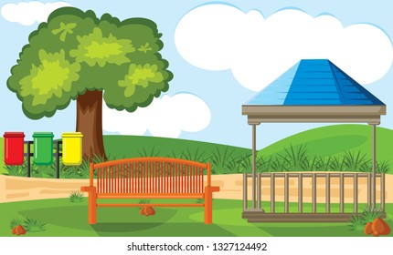 
park view with the bench and gazebo for background illustration