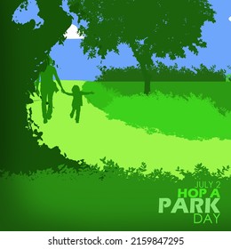 Vista de parques con árboles sombreados, arbustos y gente caminando con textos en negrita, Día del Parque 2 de julio