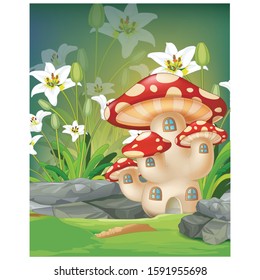 Park View With Tropical Plant Flower And Mushroom Cartoon for your design