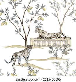 Park vintage animal leopard, fruit trees floral seamless pattern white background. Exotic garden wallpaper.