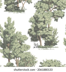 Park vintage botanical landscape, trees, bush floral seamless pattern white background. Forest wallpaper.