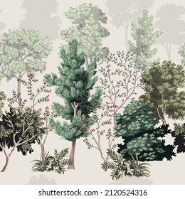 Park vintage botanical landscape, trees, bush floral seamless pattern grey background. Forest mural.