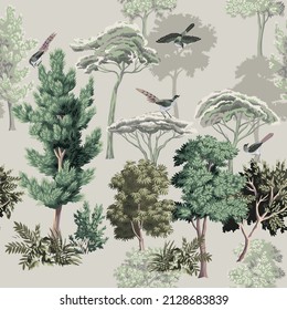 Park vintage botanical landscape, trees, bush floral seamless pattern grey background. Forest mural.