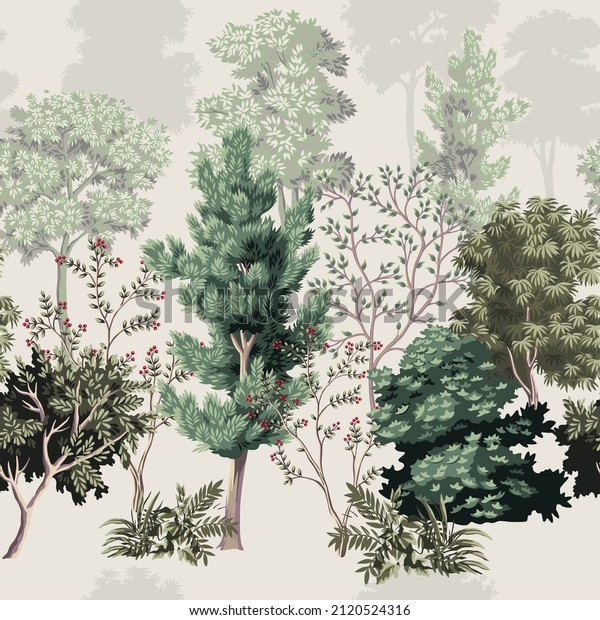 Park vintage botanical landscape, trees, bush floral seamless pattern grey background. Forest mural.