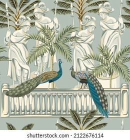 Park vintage Italian landscape, gallery, marble sculpture, peacock, palm trees floral seamless pattern grey background. Garden botanical wallpaper.