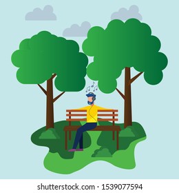 Park visitors relax and lean back. Listen to music under shady trees. Feel happy. Vector flat illustration 