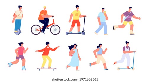 Park walking characters. Flat skateboard young man, woman weekend activities. Walk group, summer healthy outdoor time. Ride person utter vector set