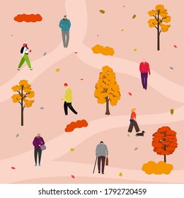 Park walking. People in autumn outfit outdoor activities. Fall orange red tree, leaves vector illustration