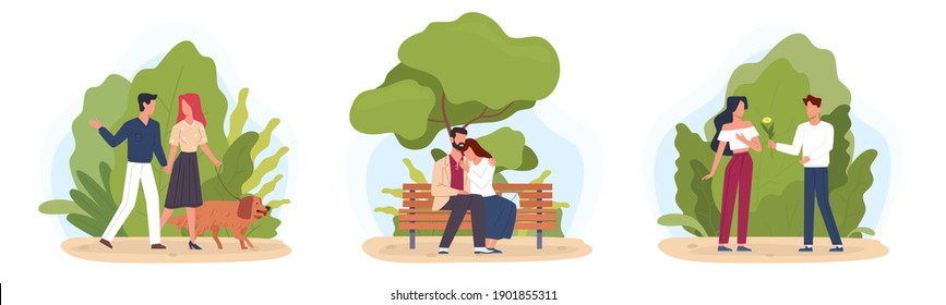 Park walking. People young couple characters rest outdoor, few scenes with nature environment, couples in love, walking dog, first date, hugs on bench. Love and relationship vector cartoon flat set