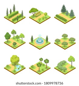 Estacionamiento de pasarela. Caminos aislados de parque de verano isométrico, hierba verde y árboles, fuente, estanque, colección de iconos de banco. Ilustración vectorial de la naturaleza del parque