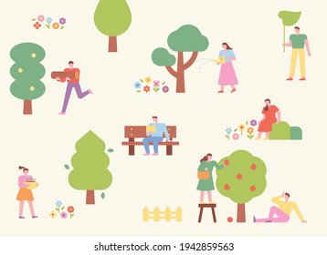 In the park where trees are planted, people enjoy nature in a variety of ways. flat design style minimal vector illustration.