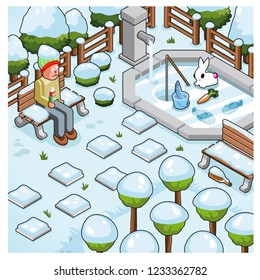 Park in wintertime covered with snow, freezing man with ice cream sitting on bench, bunny ice fishing (vector illustration)