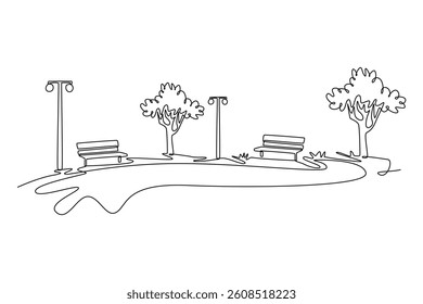 Park with wooden benches, lawn and green trees. Park concept. Single line draw design. Vector graphic illustration