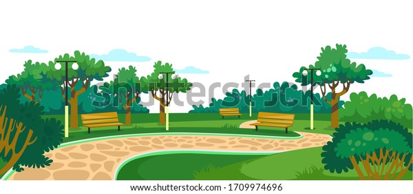 木のベンチ 芝生 緑の木のベクターイラスト を持つ公園 茂みとちょうちんのカートーンデザインの歩道 家族の休養と自然のコンセプトの場所 のベクター画像素材 ロイヤリティフリー