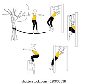 Park workout. Woman doing Chin up, tightrope walking, bench squat. vector illustration