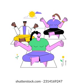 Park yoga isolated cartoon vector illustrations. Group of people do yoga in park together, urban active lifestyle, recreation day, sitting in lotus pose, stretching practice vector cartoon.