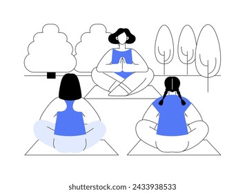 Park yoga isolated cartoon vector illustrations. Group of people do yoga in park together, urban active lifestyle, recreation day, sitting in lotus pose, stretching practice vector cartoon.