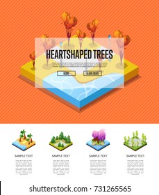 Park zone with heart shaped trees isometric infographics. Flower bed, palm trees on beach, lawn with green grass, roads and benches. Public park zone with decorative plants vector illustration