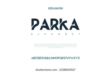 Alfabeto de tipo de letra del logotipo de tecnología digital abstracta de Parka. Fuentes urbanas modernas mínimas para logotipo, marca, etc. Tipografía tipo de letra mayúsculas minúsculas y número. ilustración vectorial