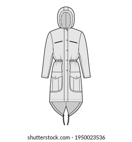Parka coat technical fashion illustration with faux fur hood, long sleeves, fitted body, knee length, flap pockets. Flat jacket template front, grey color style. Women, men, unisex top CAD mockup