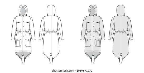 Parka Coat Technical Fashion Illustration With Faux Fur Hood, Long Sleeves, Fitted Body, Knee Length, Flap Pockets. Flat Jacket Template Front, Back, White, Grey Color Style. Women, Men Top CAD Mockup