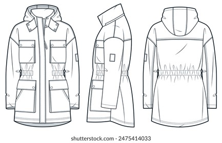 Parka Coat técnica de la moda Ilustración. Plantilla de dibujo técnico plano de la moda de la chaqueta de invierno, cremallera delantera, bolsillos, capucha, vista frontal, lateral y posterior, blanco, mujeres, hombres, conjunto de maquetas CAD unisex.