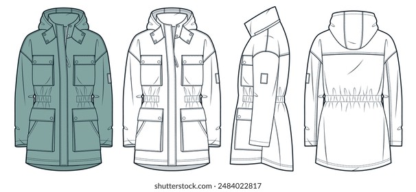 Parka Coat técnica de la moda Ilustración. Plantilla de dibujo técnico plano de la moda de la chaqueta de invierno, cremallera delantera, bolsillo, capucha, vista frontal, lateral y posterior, blanco, verde, mujeres, hombres, conjunto de maquetas CAD unisex