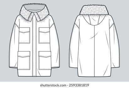 Parka Coat technical fashion Illustration. Hooded Jacket with Fur Collar fashion flat technical drawing template, pockets, front and back view, white, women, men, unisex CAD mockup.