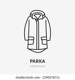 Parka doodle line icon. Vector thin outline illustration of winter clothes. Black color linear sign for outdoor apparel