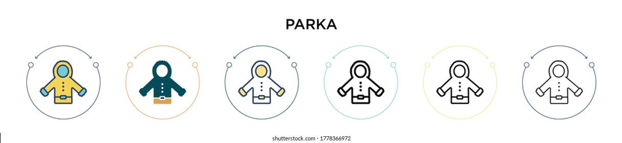 Parka icon in filled, thin line, outline and stroke style. Vector illustration of two colored and black parka vector icons designs can be used for mobile, ui, web