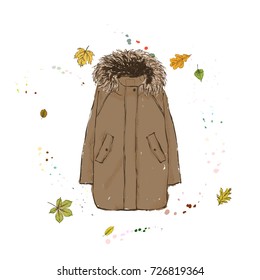 Parka Jacket  of brown color. Outerwear on the background of autumn leaves and drops of watercolor. Hand drawn vector illustration on a white background.