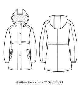 Parka jacket with hood line art. Flat sketch winter jacket, front and back view. Isolated on a white background