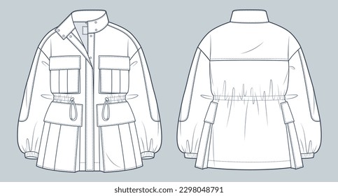 Moda técnica de Parka Jacket Ilustración. Chaqueta de cuerda de dibujo plana de dibujo técnico, cierre de botón, bolsillo de carteles, sobretamaño, frente, retrovista, blanco, mujeres, hombres, maqueta CAD unisex.