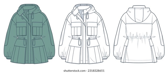 Parka Jacket technical fashion Illustration. Hooded Drawstring Jacket fashion flat technical drawing template, button, oversize, front and back view, white, green, women, men, unisex CAD mockup set.