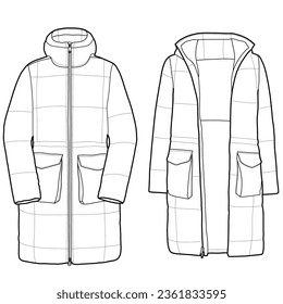 Parka Jacket technical fashion Illustration. Winter Jacket, Coat fashion flat drawing template.