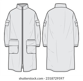 Chaqueta Parka, Cubierta de Cuchillo Superior de Invierno Vista frontal y posterior. Moda Ilustración, Vector, CAD, Dibujo Técnico, Plano Plano, Plantilla, Trampa.