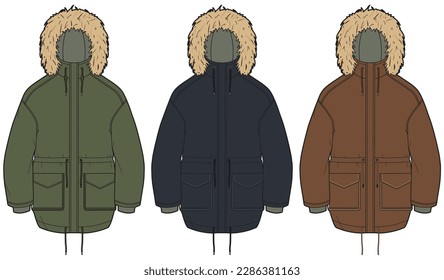 Parka Jacket, Winter Jackets Sets Fashion Illustration, Vector, CAD, Technical Drawing, Flat Drawing, Template, Mockup.