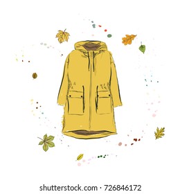Parka Jacket  of yellow color. Outerwear on the background of autumn leaves and drops of watercolor. Hand drawn vector illustration on a white background.