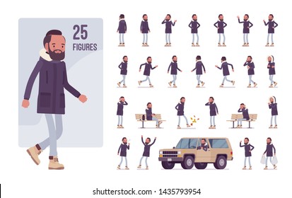 Parka man character set. Young guy wearing warm windproof jacket with hood, cold weather city male outfit, urban autumn outerwear fashion. Full length, different views, gestures, emotions and poses