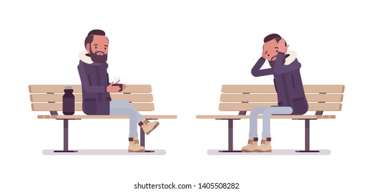 Parka man sitting on a park bench. Young guy wearing warm windproof fall jacket with a hood, cold weather city male outfit. Vector flat style cartoon illustration isolated on white background