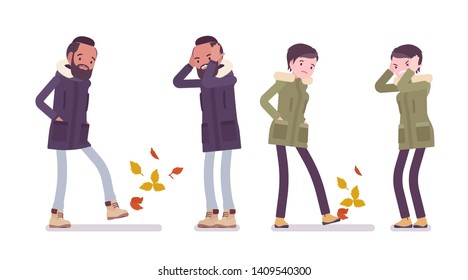 Parka man and woman sad in negative emotions. Young guy and girl wearing warm windproof jacket with hood, cold weather city outfit. Vector flat style cartoon illustration isolated on white background